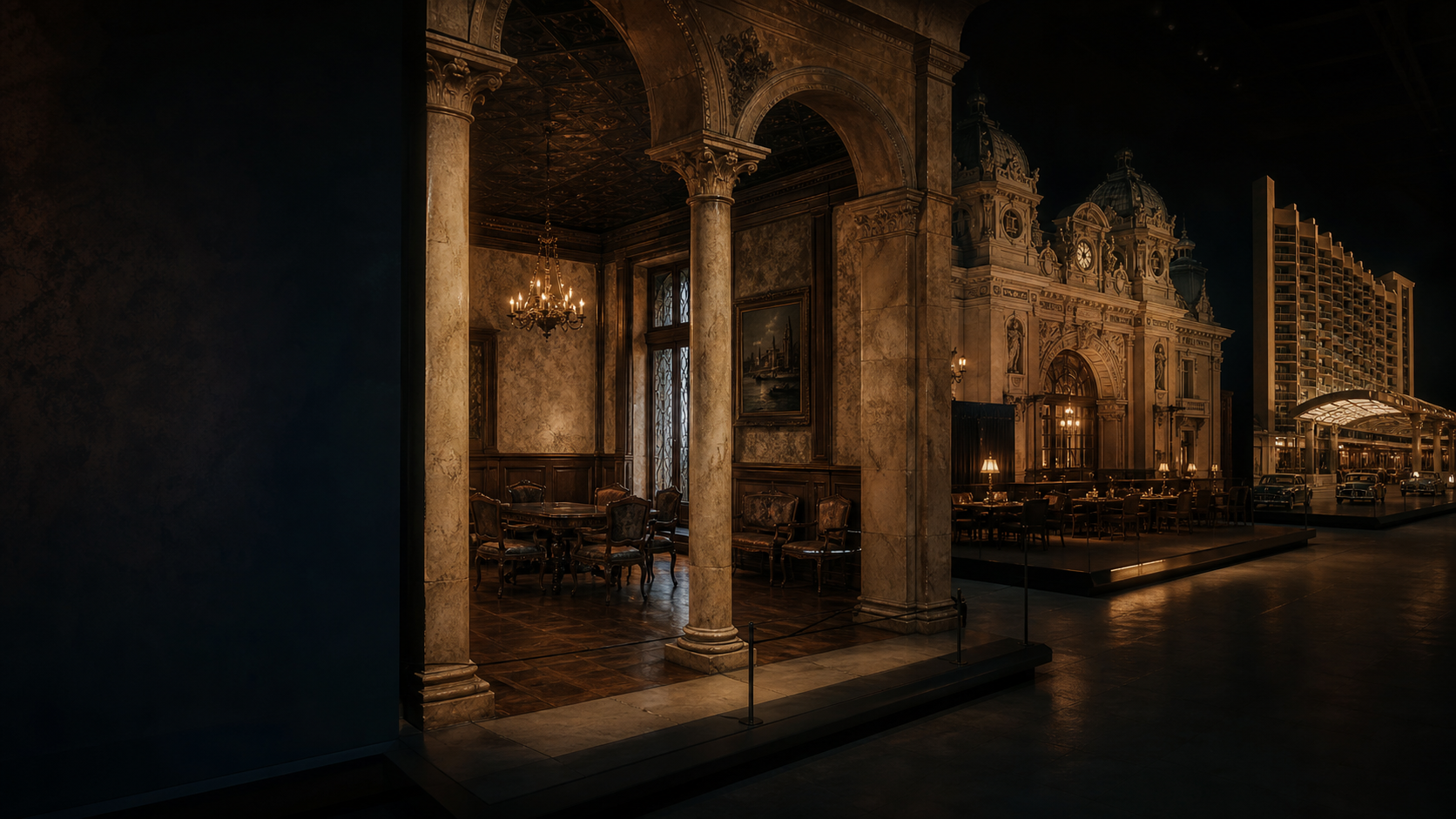 Reconstitution muséale de salles et façades illustrant l’histoire matérielle des casinos